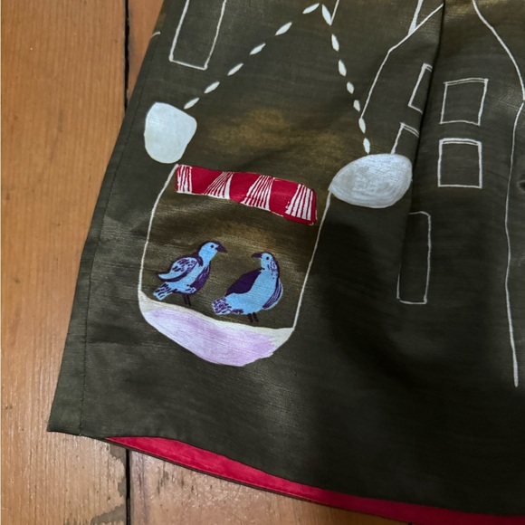 Mauve Olive Green Embroidered A-Line Midi Skirt with Red Trim - Picture 2 of 8